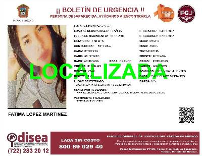 Localizan a jovencita desaparecida en Zumpango